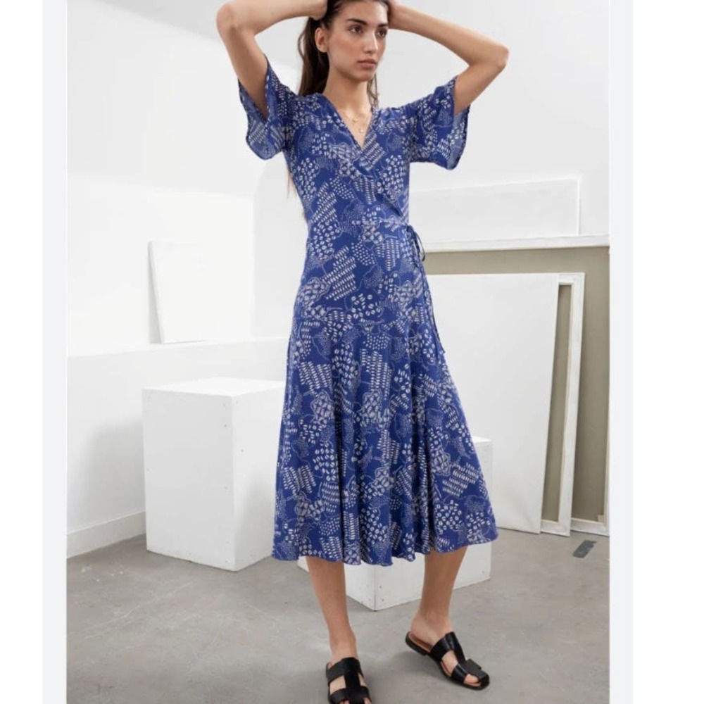 & Other Stories Coffee Bean Print Flutter Sleeve Midi Wrap Dress Women's US 10